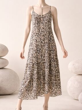 Leopard-Print Lace Trim Maxi Slip Dress Spaghetti Straps Lingerie Style Medium